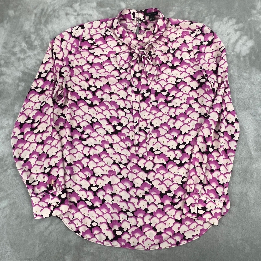 Ann Taylor Purple Floral Tie Neck Blouse Long Sleeve Keyhole Back Size M